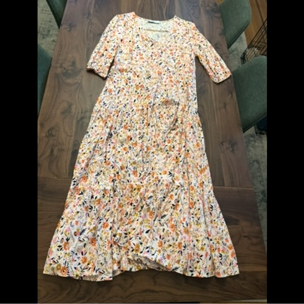 Petal & Pup Floral Midi Dress in Cream and Orange